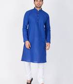 Men Blue Linen Kurta And Pyjama Set