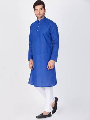 Men Blue Linen Kurta And Pyjama Set 3