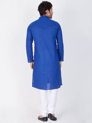 Men Blue Linen Kurta And Pyjama Set 4