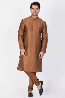 Men Brown Cotton Silk Kurta And Pyjama Set