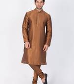 Men Brown Cotton Silk Kurta And Pyjama Set