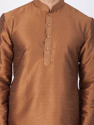Men Brown Cotton Silk Kurta And Pyjama Set 2