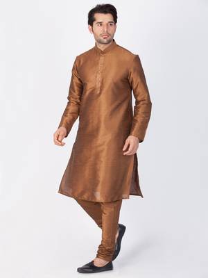 Men Brown Cotton Silk Kurta And Pyjama Set 3