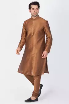 Men Brown Cotton Silk Kurta And Pyjama Set