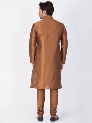 Men Brown Cotton Silk Kurta And Pyjama Set 4