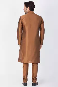 Men Brown Cotton Silk Kurta And Pyjama Set