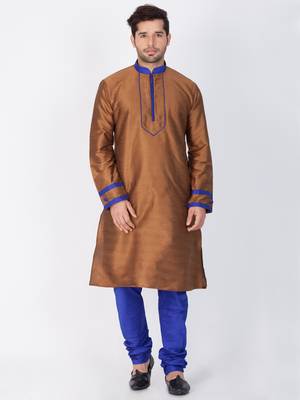 Men Brown Cotton Silk Kurta And Pyjama Set 1