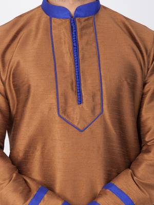 Men Brown Cotton Silk Kurta And Pyjama Set 2