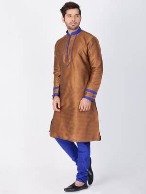 Men Brown Cotton Silk Kurta And Pyjama Set 3