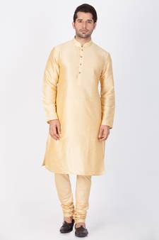 Men Gold Cotton Silk Kurta And Pyjama Set