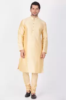 Men Gold Cotton Silk Kurta And Pyjama Set
