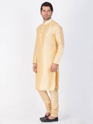 Men Gold Cotton Silk Kurta And Pyjama Set 3