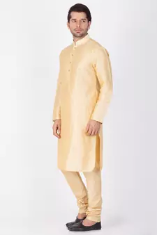 Men Gold Cotton Silk Kurta And Pyjama Set