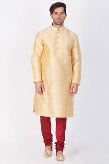 Men Gold Cotton Silk Kurta And Pyjama Set