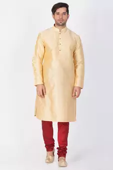 Men Gold Cotton Silk Kurta And Pyjama Set