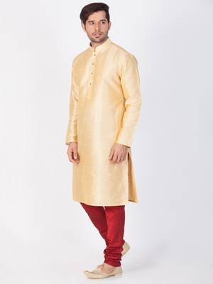 Men Gold Cotton Silk Kurta And Pyjama Set 3