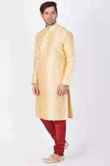 Men Gold Cotton Silk Kurta And Pyjama Set