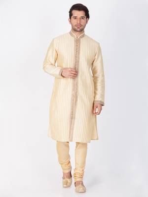 Men Gold Cotton Silk Kurta And Pyjama Set 1