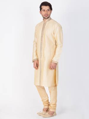 Men Gold Cotton Silk Kurta And Pyjama Set 3