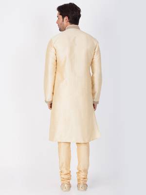 Men Gold Cotton Silk Kurta And Pyjama Set 4