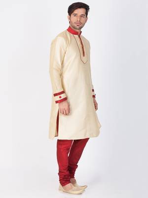 Men Gold Cotton Silk Kurta And Pyjama Set 3