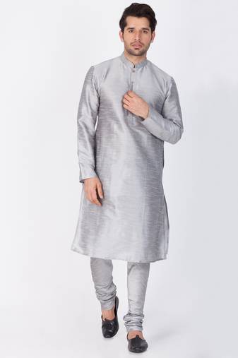 Men Grey Cotton Silk Kurta And Pyjama Set