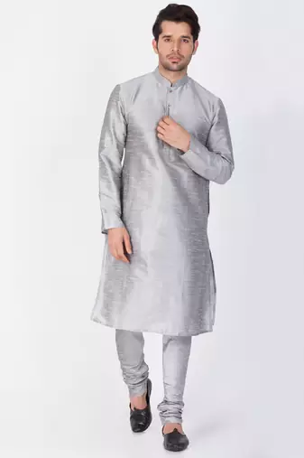 Men Grey Cotton Silk Kurta And Pyjama Set