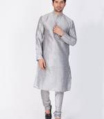 Men Grey Cotton Silk Kurta And Pyjama Set