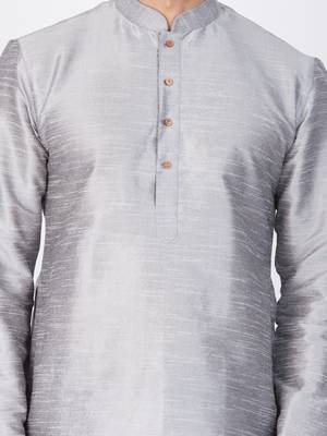 Men Grey Cotton Silk Kurta And Pyjama Set 2