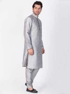 Men Grey Cotton Silk Kurta And Pyjama Set 3