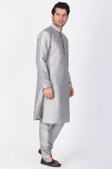 Men Grey Cotton Silk Kurta And Pyjama Set