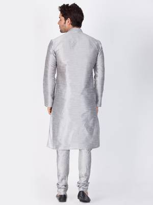 Men Grey Cotton Silk Kurta And Pyjama Set 4
