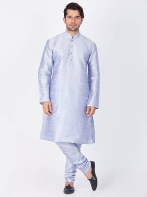 Men Light Blue Cotton Silk Kurta And Pyjama Set 1