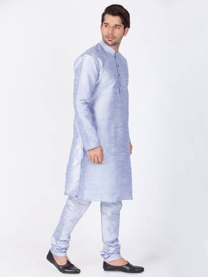Men Light Blue Cotton Silk Kurta And Pyjama Set 3