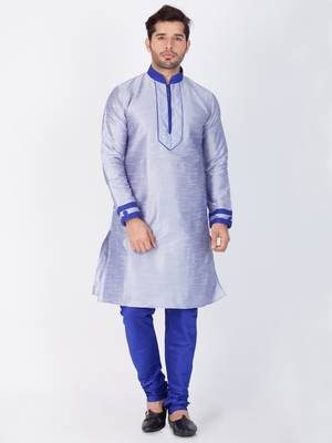 Men Light Blue Cotton Silk Kurta And Pyjama Set 1
