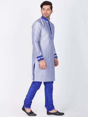 Men Light Blue Cotton Silk Kurta And Pyjama Set 3