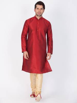 Men Maroon Cotton Silk Kurta And Pyjama Set 1