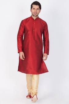 Men Maroon Cotton Silk Kurta And Pyjama Set