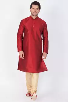 Men Maroon Cotton Silk Kurta And Pyjama Set