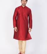 Men Maroon Cotton Silk Kurta And Pyjama Set