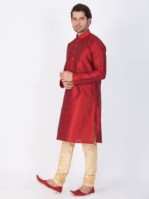 Men Maroon Cotton Silk Kurta And Pyjama Set 3