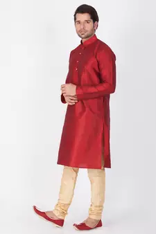 Men Maroon Cotton Silk Kurta And Pyjama Set