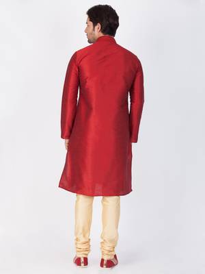 Men Maroon Cotton Silk Kurta And Pyjama Set 4