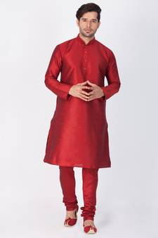 Men Maroon Cotton Silk Kurta And Pyjama Set