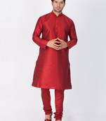 Men Maroon Cotton Silk Kurta And Pyjama Set