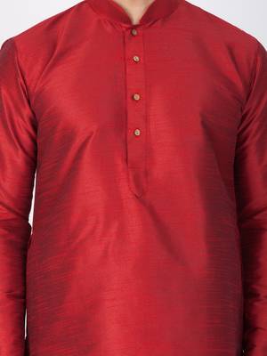 Men Maroon Cotton Silk Kurta And Pyjama Set 2