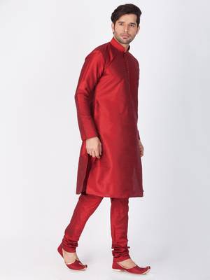 Men Maroon Cotton Silk Kurta And Pyjama Set 3