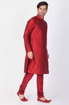 Men Maroon Cotton Silk Kurta And Pyjama Set