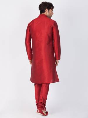 Men Maroon Cotton Silk Kurta And Pyjama Set 4