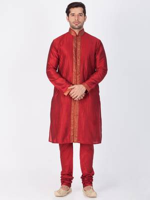 Men Maroon Cotton Silk Kurta And Pyjama Set 1